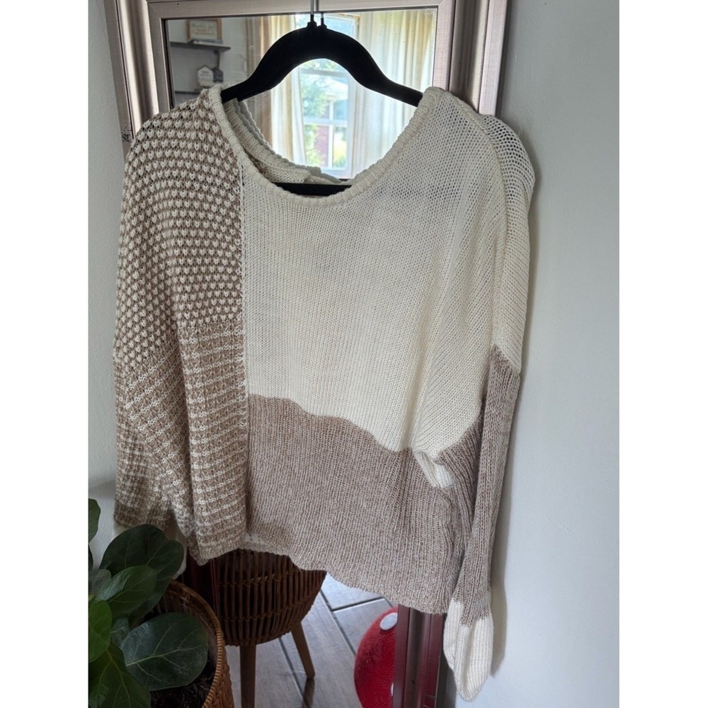 Blu Pepper‎ Cream Beige Colorblock Tie Back Knit Sweater Womens Large Bow